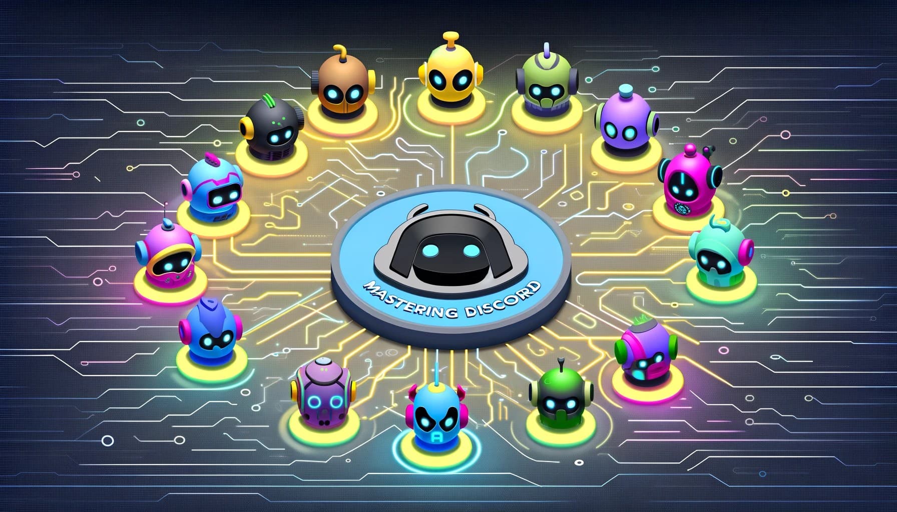 Colorful stylized Discord bots representing different functions and features