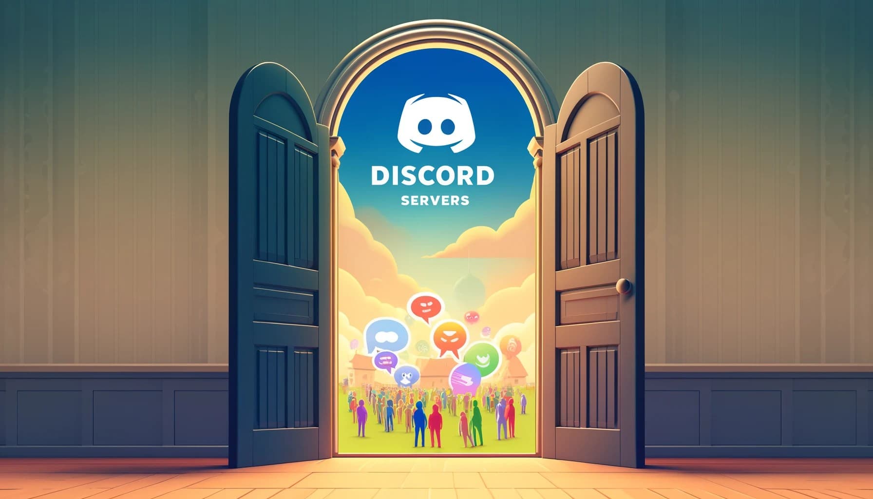 DiscordServers.com welcome doorway with logo and community illustration