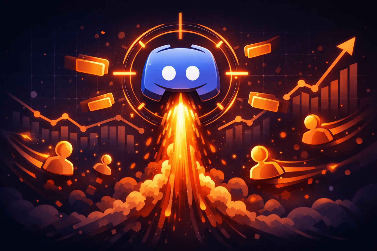 Ignite advertising platform illustration showing a Discord server launching into visibility with fiery rocket trail and targeting crosshairs