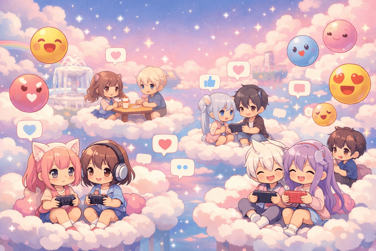 Colorful illustration of an anime-inspired social gathering space with floating emotes and chat bubbles
