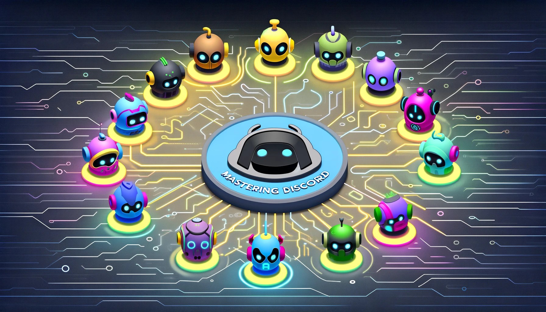 Colorful stylized Discord bots representing different functions and features