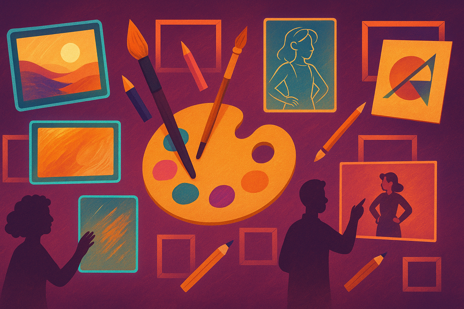 Art Commissions Discord server community banner featuring artistic tools and creative design elements