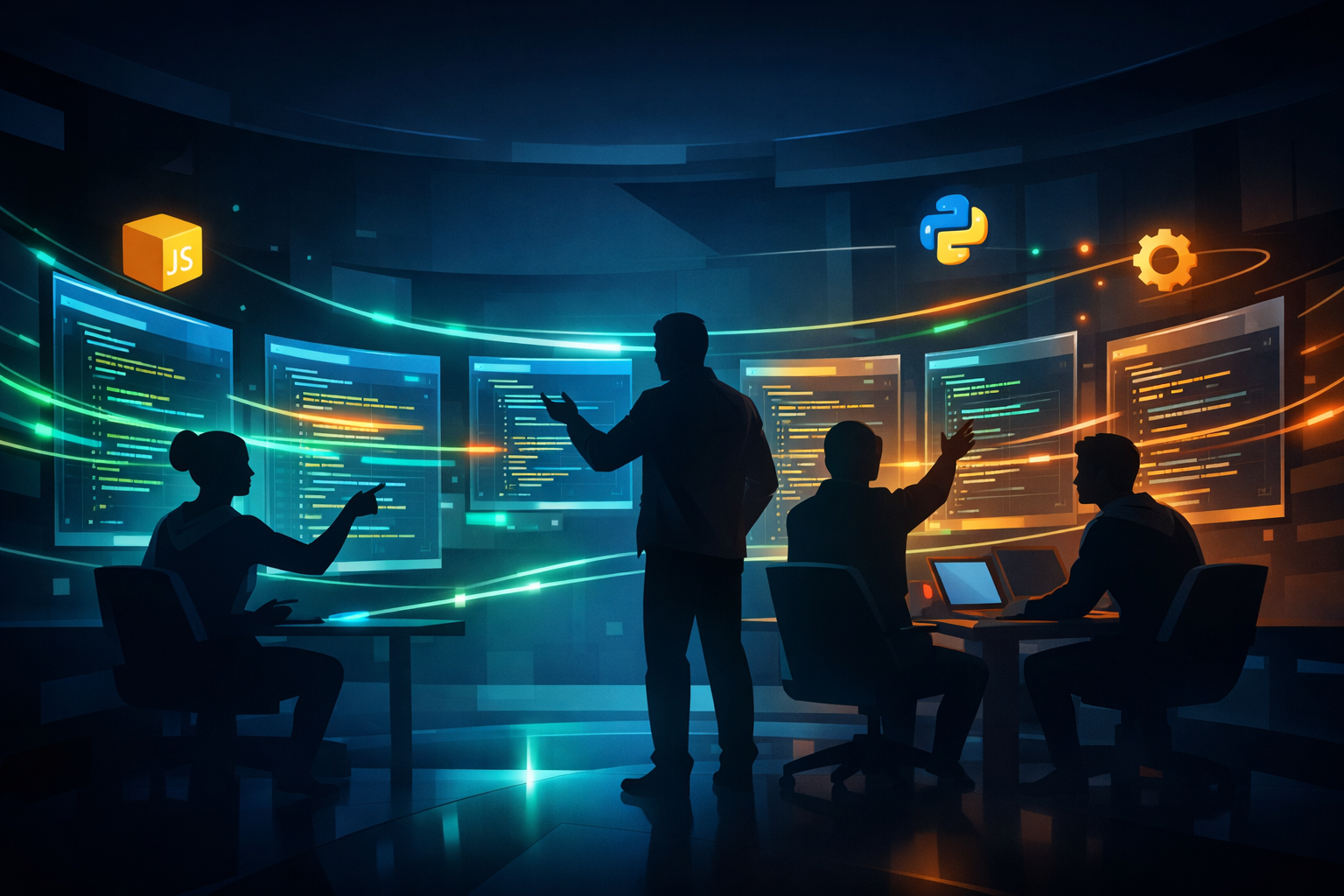 Stylized illustration of developers collaborating across interconnected code terminals and shared project windows