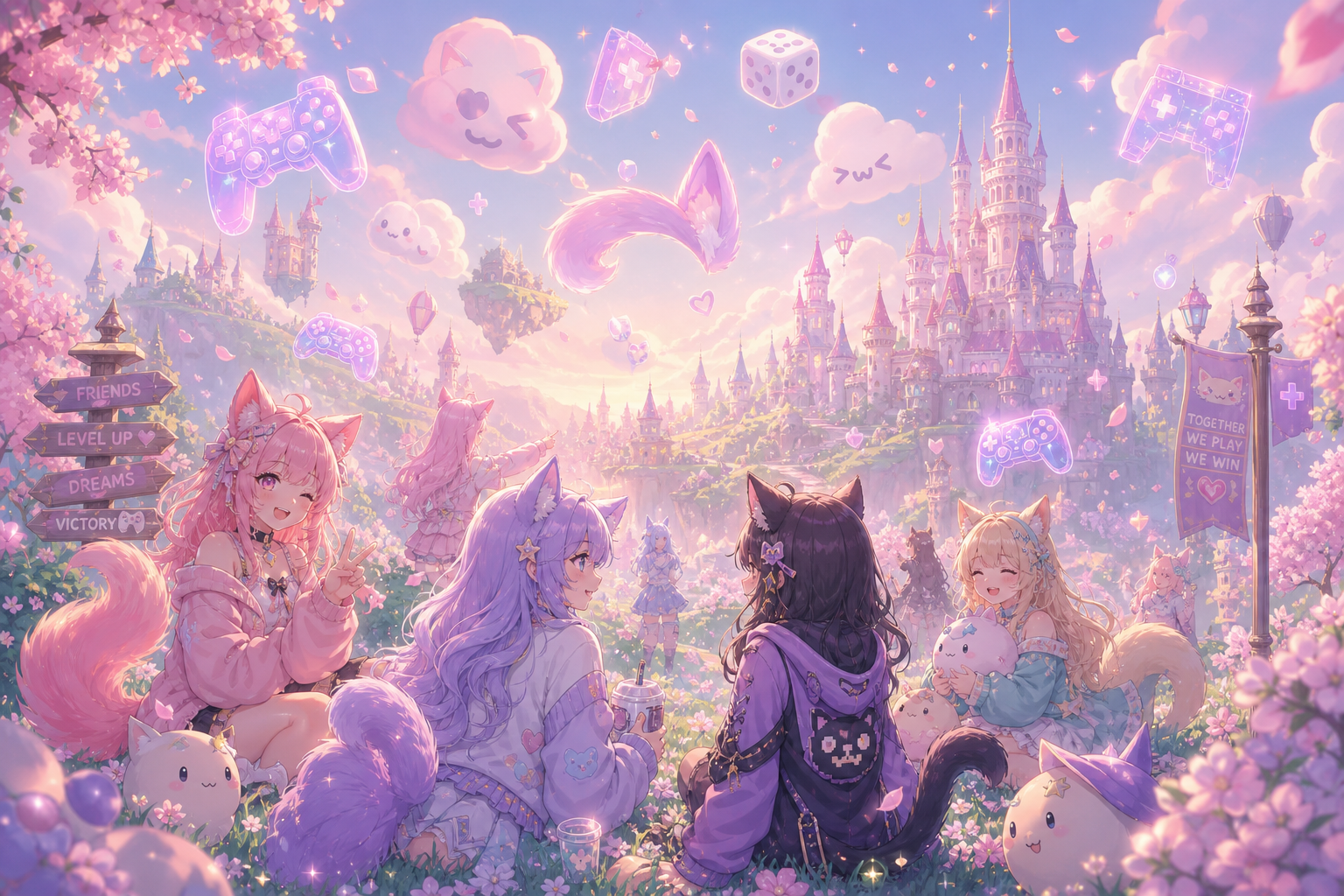 A dreamy fantasy kingdom landscape with floating anime-inspired elements, gaming symbols, and soft pastel colors representing the welcoming atmosphere of the Dulce Reino Discord community